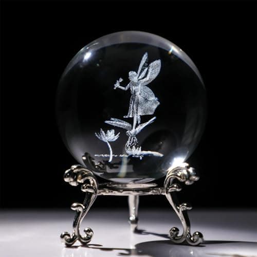 Image of HDCRYSTALGIFTS 60mm 3D Fairy Crystal Ball Figurine Gifts for Women Men Laser Engraved Girl Dragonfly and Lotus Glass Crystal Ball with Stand Glass Ball Ornaments Decorations Christmas Art Decor
