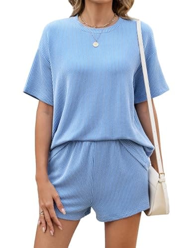Image of Famulily Tracksuit Womens Full Set Summer Ribbed Knit Loungewear Short Co Ord Sets for Women 2 Piece Loose Tops and High Waisted Shorts Blue M