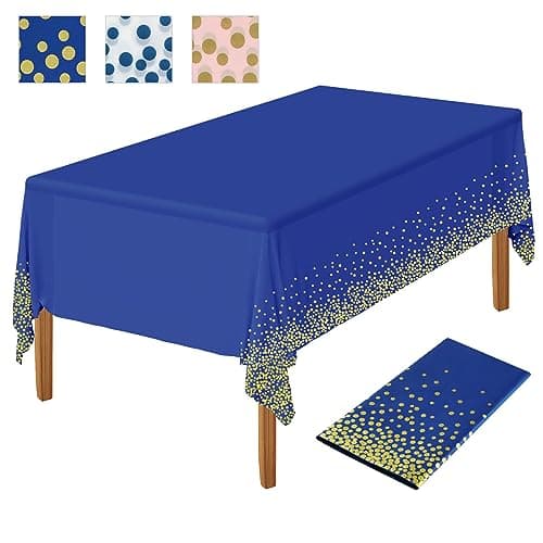 Image of NEBURORA 1 Pack Dark Blue Gold Party Tablecloth Plastic Tablecloth 137x274cm Gold Dot Confetti DisposableTable Cover Rectangular Party Table Cover for Picnic, Baby Shower, Halloween, Birthday