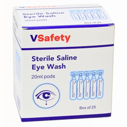 Image of V Safety 25 x Sterile Saline Eye Wash Pods 20ml - 0.9% Sodium Chloride Eyewash Solution - Single Use Eye Pods for First Aid and Emergency Rinse - Irrigation Minor Irritation Portable First Aid Kit Use