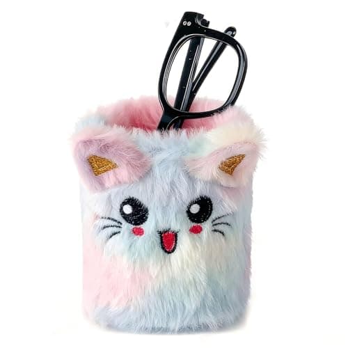 Image of Happnear Plush Lined Eyeglasses Holder, Cute Glasses Stand Case for Women Men Kids, Blue and Pink Cat