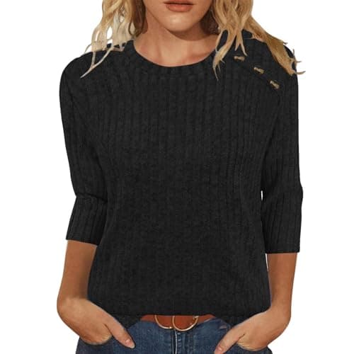 Image of Jumpers for Women UK Elegant Ladies Ribbed Knit Sweatshirt Casual Crew Neck 3/4 Sleeve Jumper with Shoulder Button Detail Fashion Soft Solid Color Pullover Tops Black