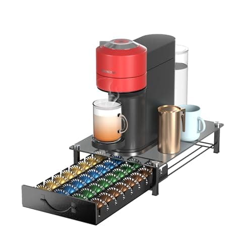 Image of Metal Coffee Pod Holder for 36 Nespresso Vertuo Capsules Pods & 36 Dolce Gusto Pods, HFHOME Nespresso Vertuoline Capsule Drawer Organiser Coffee Machine Stand