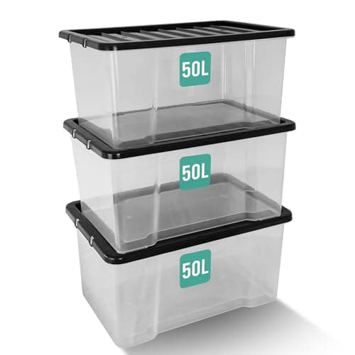 Image of KLASS 3 x 50 Litre Storage Boxes with Lids Set of 3, Clear Multipurpose Nestable Stackable Plastic Storage Box With Lid 50L Clear Containers For Home, Kitchen, Garage, Office, Accessories