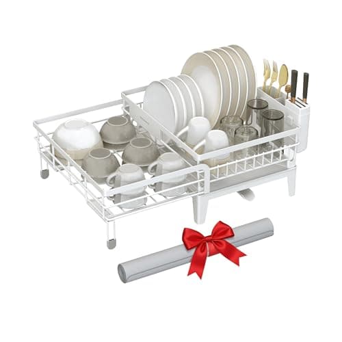 Image of SONGMICS Dish Drying Rack, Dish Drainer for Kitchen Counter, 360° Rotatable and Extendable Spout, Drainboard, with Cutlery Holder, 31-56 x 42 x 20 cm, Matte White and Dove Grey KCS552W01