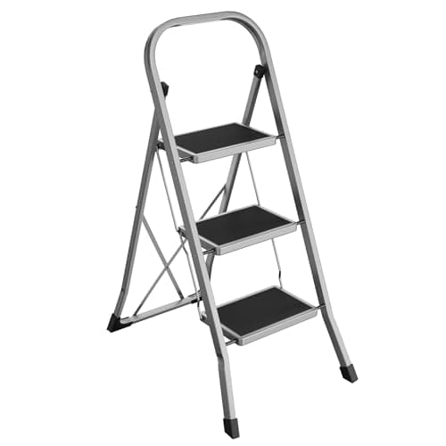 Image of SONGMICS Step Ladder, 3-Step Ladder, Folding Ladder, Safety Lock, Space-Saving Storage, Holds up to 150 kg, Dove Grey GSL003GY01