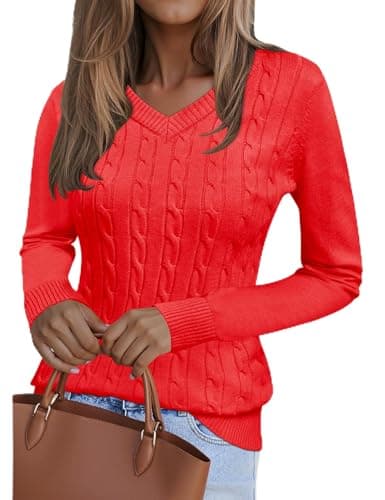 Image of Kistore Jumpers for Women UK V Neck Cable Knit Jumper Pullover Sweaters Basic Lightweight Tunic Red M