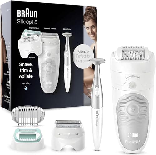 Image of Braun Silk-épil 5 Beauty Set Women's Epilator for Women for Hair Removal, Razor Attachments, Trimmer and Massage for Body Includes Bikini Trimmer, Bag, Gift for Women, 5-825, White/Grey