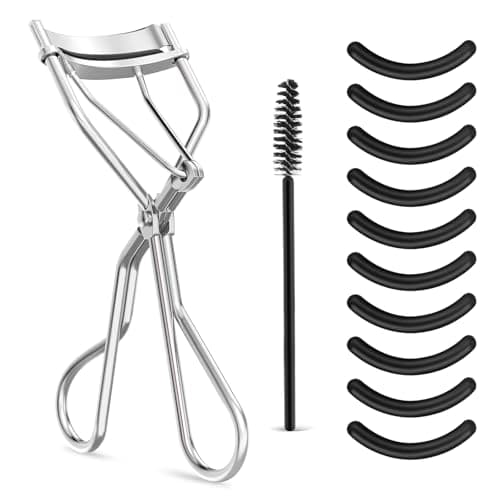 Image of WLLHYF Eyelash Curler Kit, Beauty Eyelash Comb with 10 Black Silicone Refill Pads and 1 Mascara Brush Metal Eyelash Separator Universal Lash Curler Makeup Tool for Women and Girls (Silver)
