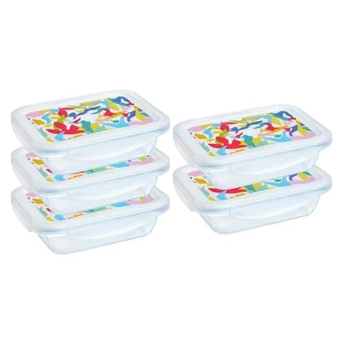 Image of Pyrex® Cook & Go Set of 5 Rectangular Glass Storage Boxes with Airtight and Waterproof Lids – 20 x 15 cm – 0.8L – BPA Free (Multicolor lid)