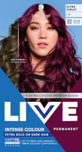 Image of Schwarzkopf LIVE Intense Colour L76 Ultra Violet, Long-lasting Permanent Purple Hair Dye, Extra Bold on Darker Hair, With Extra Colour Refresh Gloss