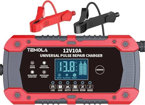 Image of 10A 12V battery charger - 3-Stage Automatic Deep Cycle Trickle Charger for Car Battery with LCD Display, Battery Maintainer with LCD Display for Car Truck Motorcycle Lawn Mower