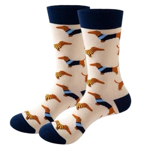 Image of Dachshund Sausage Dog Novelty Funny Socks - Dog Design - Cream Cotton Blend Gift Mens Womans UK Size 5-11 - 1 Pair