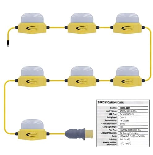 Image of Festoon Work Lights - 110V High Lumen Outdoor LED String Light - 22m Heavy Duty Site Festoon Lighting Kit - Output 8400Lm, Hanging Hook 70W 16A UK Plug - UK Designed Construction Site & Industrial Use