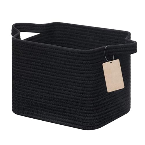 Image of JOJOSEE Small Woven Storage Basket, Cotton Rope Basket for Shelves, Square Shelf Baskets for Home Bathroom Closet Organizer 33x25x22.5cm (Black)