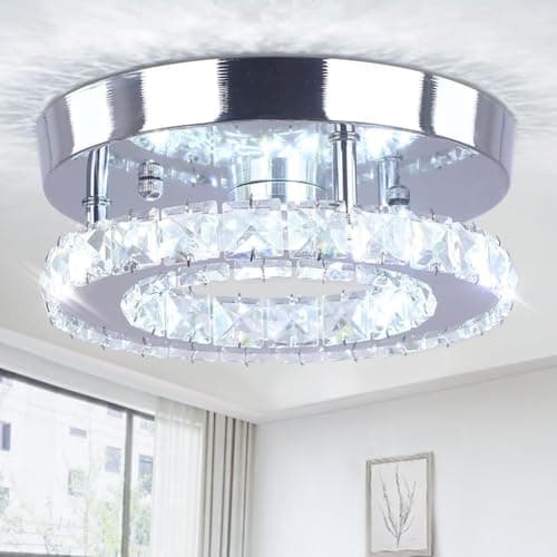 Image of Lhome Modern Led Ceiling Light Fixture Mini Crystal Chandelier Flush Led Crystal Ceiling Light Finish Chrome Pendant Lamp for Kitchen Hallway Bedroom Dining Rooms Living Room (White Round)