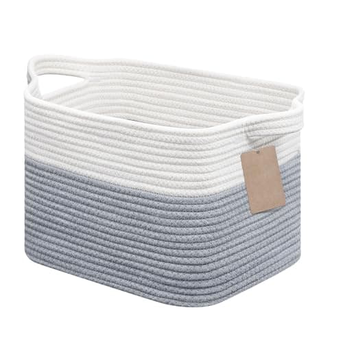 Image of JOJOSEE Small Woven Storage Basket, Cotton Rope Basket for Shelves, Square Shelf Baskets for Home Bathroom Closet Organizer 33x25x22.5cm (White&Grey)
