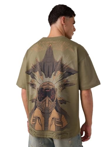 Image of The Souled Store Freedom: Wings of Honour Men and Boys Short Sleeves Round Neck Green Graphic Printed Heavy Gauge Fabric Oversized T-Shirt, Wings of Honour, S