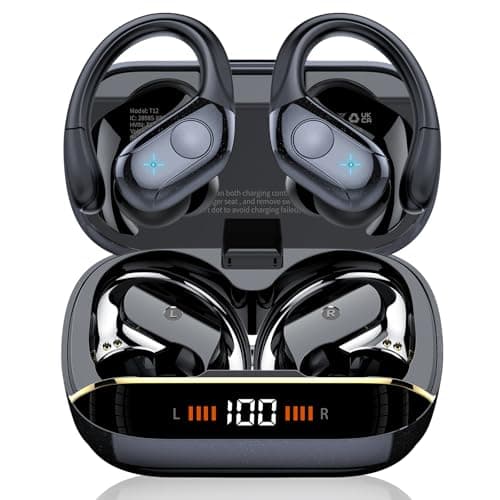 Image of Wireless Earbuds, 75H Bluetooth 5.4 Headphones, Sport Wireless Earphones with 4 ENC Mic, Stereo Bass, IP7, Bluetooth Earbuds with Earhooks for Workout/Running/Work, Dual LED Display Ear buds, Black