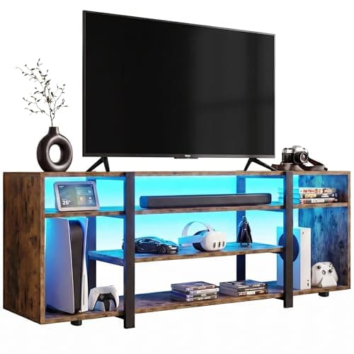Image of Blisswood 140cm TV Stand Cabinet with LED Lights for 55–65 Inch TVs, Industrial TV Unit with 7 Open Shelves, Rustic Storage Media Console, Metal Frame, RGB Gaming Entertainment Center for Living Room