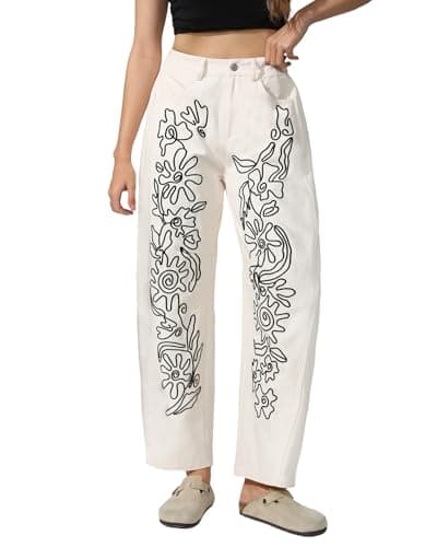 Image of Kedera Embroidered Jeans for Women 2025 Baggy Boyfriend Jeans Barrel Leg Horseshoe Jeans Women Vintage Mid Rise Jeans, Beige White, XL
