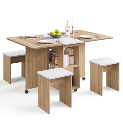 Image of Mondeer Folding Dining Table and Chairs Set 4, Drop Leaf Table for Small Spaces with 4 Chairs, Foldable Table with Storage Shelf, for Kitchen Dining Room (Oak and White)