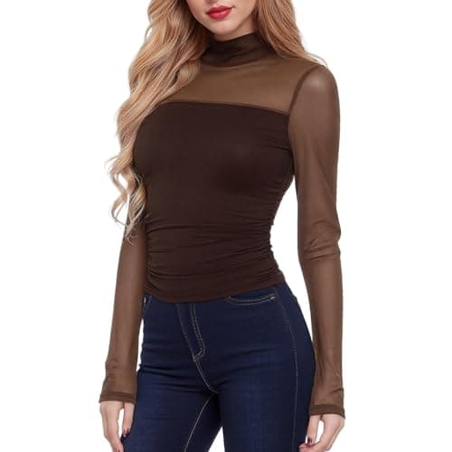 Image of viiotu Long Sleeve Mesh Tops for Women Sexy Sheer Tops Going Out Top for Party Daily Wear Date (UK, Alpha, M, Regular, Regular, Brown)