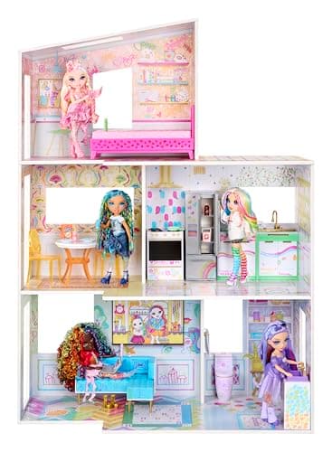 Image of Rainbow High Color & Play 3-Story Doll House - Design All Walls and Floors with Washable Markers, Wood Playset Includes Toy Furniture & Accessories, Fun Present for Kids 4+