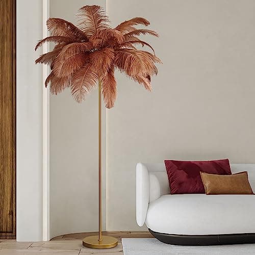 Image of JAMCHE Feather Floor Lamp Ostrich Feather Lamp 3 Color Temperatures 1.6m Brown Standing Lamp Tall with Foot Switch Golden Lamp Body Tall Lamps for Living Room Bedroom 6 LED Bulb (Brown)