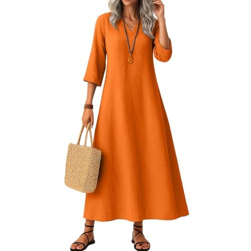 Image of Maxi Dress for Women - Summer Fall Casual Long Sleeve Dresses Ladies V Neck Linen Sundress Loose Swing Holiday Beach-Dress,Orange,L