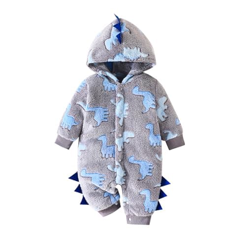 Image of Carolilly Baby Boys Dinosaur Outfits Winter Warm Snowsuit Infant Baby Jumpsuit Newborn Coat Front Button Long Sleeve Bodysuits Toddler Clothes Casual (Grey, 6-9 Months)