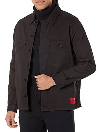 Image of HUGO Men's Cotton Twill Patch Pockets Button Down Overshirt, Black Fog, XL