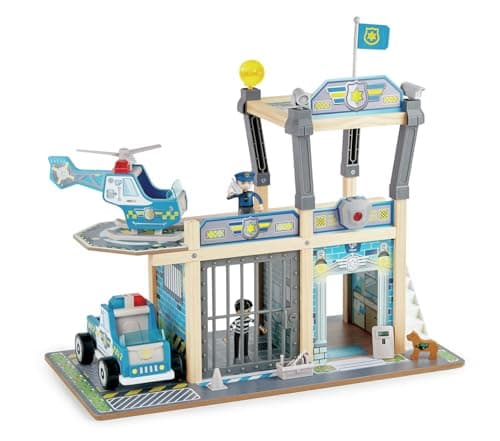 Image of Hape Police Station Playset With Battery-Powered Alarms, Policeman, Police Dog, Wood Toy, Toy Police Car And Helicopter, 3 years +