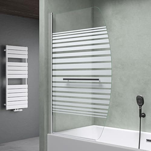 Image of Mai & Mai Bath Shower Screen for Baths | Bath Screen | WH: 95×140cm | Safety Glass with Nano | Handle Bar as Towel Rail | 1 Folding Curved Screen | Frosted Striped Glass | Cortona112S