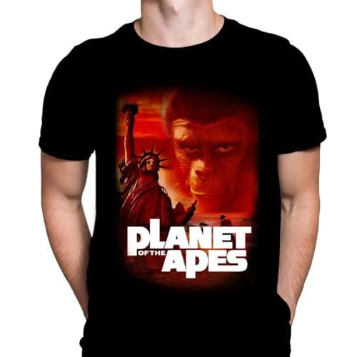 Image of Planet of The Apes Mens T-Shirt Science Fiction Print, Black Cotton T-Shirt, Movie Poster Tee