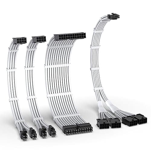 Image of EZDIY-FAB PCIE 5.0 12VHPWR Sleeved Cable Kit, 16AWG Power Supply Cable Extension, 24PIN-ATX/(4+4) PIN-EPS/(12+4) PIN to 4X 8 PIN PCIE- RTX4090/4080/4070Ti Extension kit- White