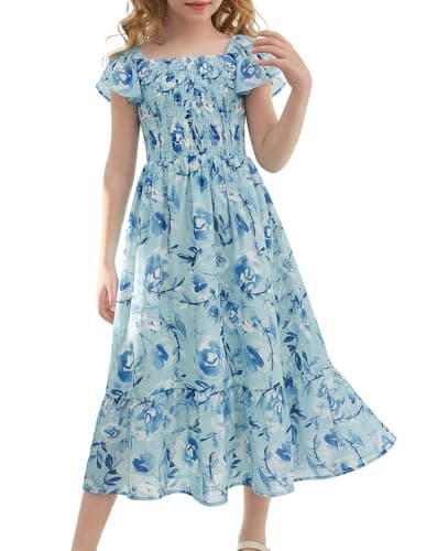 Image of GRACE KARIN Girls Summer Floral Dresses, A-Line Flutter Sleeves Smocked Party Dress, Birthday Wedding Flower Dresses for Kids Blue Floral Clusters 10-11 Years