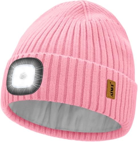 Image of ATNKE LED Lighted Beanie Hat,USB Rechargeable 4 LED Ultra Bright Running Headlamp Hands Free Head Torch Cap with Light Winter Warm Fleece Lined Knit Beany Gifts for Men and Women/Pink