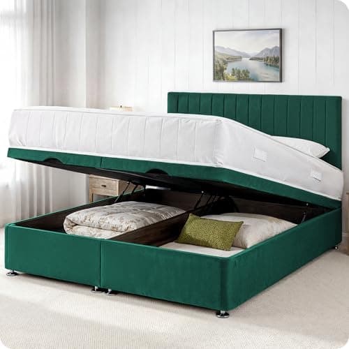 Image of Comfy Deluxe LTD Apollo Ottoman Bed Base - 3FT Single, Green | Plush Velvet Divan Storage Bed Frame with 26 Inch Headboard | Gas Lift Foot-End Opening | No Mattress Included | UK Made