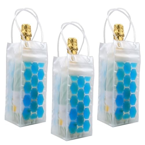 Image of 3 Pack Wine Cooler Bags – Reusable PVC Ice Bag with Freezable Gel – Portable Clear Champagne & Prosecco Chiller Pouch with Handles – Perfect for Picnics, Garden Parties, BBQs & Travel