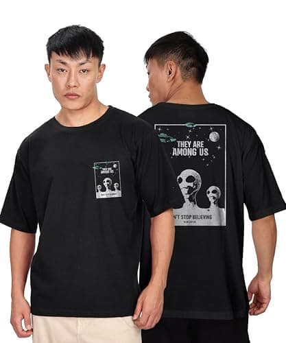 Image of KYDA Men's 100% Cotton Crew Neck Printed Front & Back Oversized T-Shirt (Pack of 1), Black 1, XL