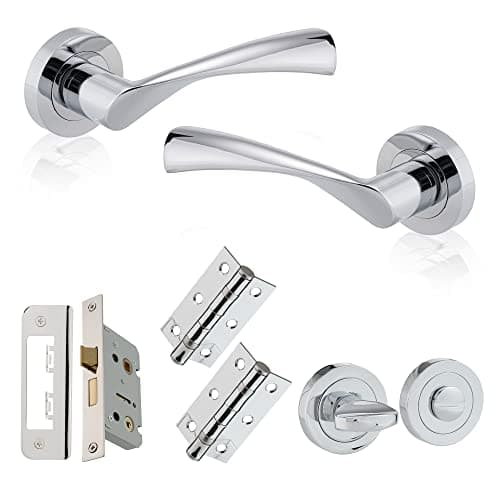 Image of XFORT Polished Chrome Warped Lever On Rose Bathroom Pack, with Ball Bearing Hinges, Thumbturn Release and A Bathroom Lock, Ideal for Internal Wooden Doors for Home and Office.