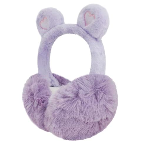 Image of OhMill Cartoon Bear Love Heart Fluffy Earmuff Velvet Foldable Ear Wrap Thermal Ear Cover Winter Ear Muff Warmer Wrap for Students Girls Women, Purple
