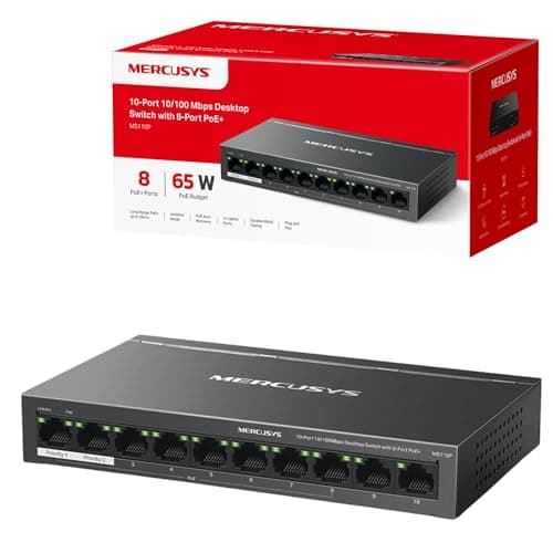 Image of MERCUSYS 10-Port 10/100Mbps Desktop Switch with 8-Port PoE+, PoE Power Budget 65W, compatible with 802.3af/at PDs, Power management, metal case, Plug & Play, No Configuration Required (MS110P)