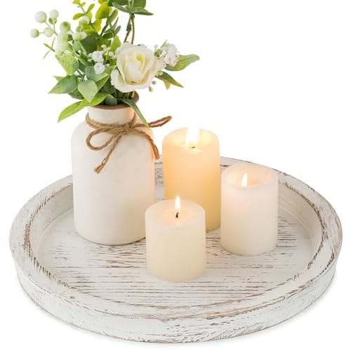 Image of Hanobe Wooden Candle Holder Tray: Round Decorative Candle Plate Farmhouse Table Centerpiece Rustic Wood Tealight Pillar Trays for Christmas Wedding Halloween Home Decor