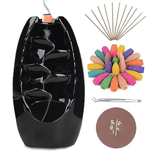 Image of Anbar Backflow Incense Burner with 120 Cones, 30 Sticks, Tongs, and Table Mat, Natural Aromatherapy with Ceramic Smoke Waterfall, Supports Meditation and Relaxation, Home Decor (Black)