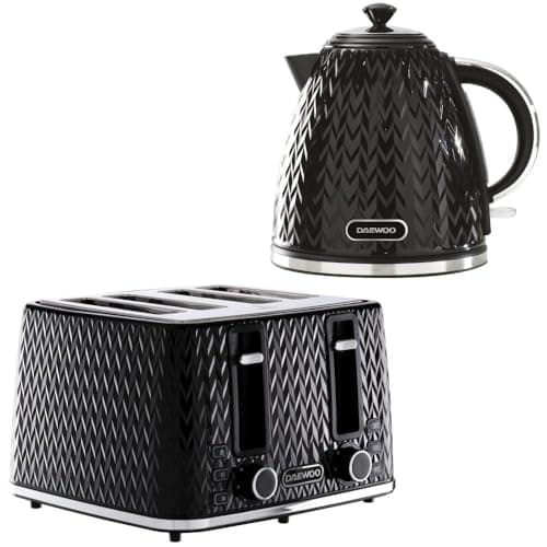 Image of Daewoo Argyle Jug Kettle & 4 Slice Toaster Set, 1.7L 3KW Rapid Boil Stylish Textured Design, Removable Filter, Reheat & Defrost Functions, Perfect for Modern Kitchens, Black