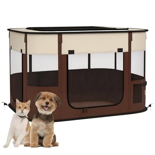 Image of PawHut Dog Pen, Pet Playpen, Portable Foldable Dog Cat Playpen Soft Pet Cage with Storage Bag for Puppies, Rabbits, Kittens, Guinea Pigs, 84 x 64 x 53cm - Brown
