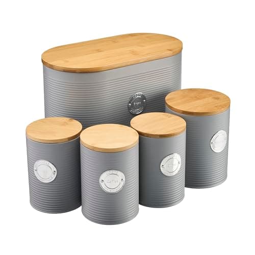 Image of Cooks Professional 5 Piece Ribbed Tea Coffee Sugar Bread & Biscuit Cannisters with Air-Tight Bamboo Lids | Stainless Steel Kitchen Storage Bin Set | Modern & Stylish | Grey & Silver