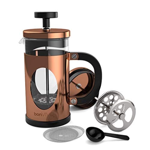 Image of bonVIVO French Press Cafetiere 3 Cup 350ml Stainless Steel Coffee Press with Heat-Resistant Glass, Scoop & Replacement Filter, Manual Coffee Maker for Ground Coffee, Copper Finish